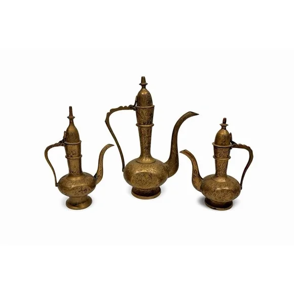 Lot of 3 Antique Brass Middle Eastern Dallah Coffee Tea Pots Turkish Kettle - Picture 1 of 14